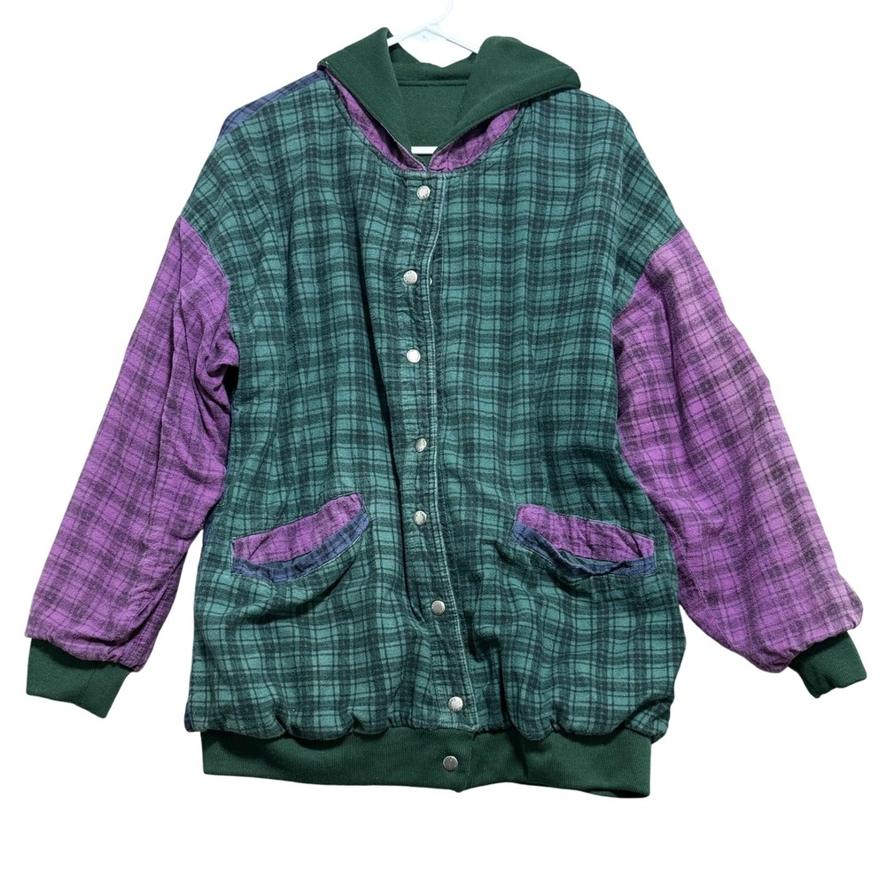 Current Seen Jacket Womens Med Green Purple Plaid Hooded Snap Front Reversible